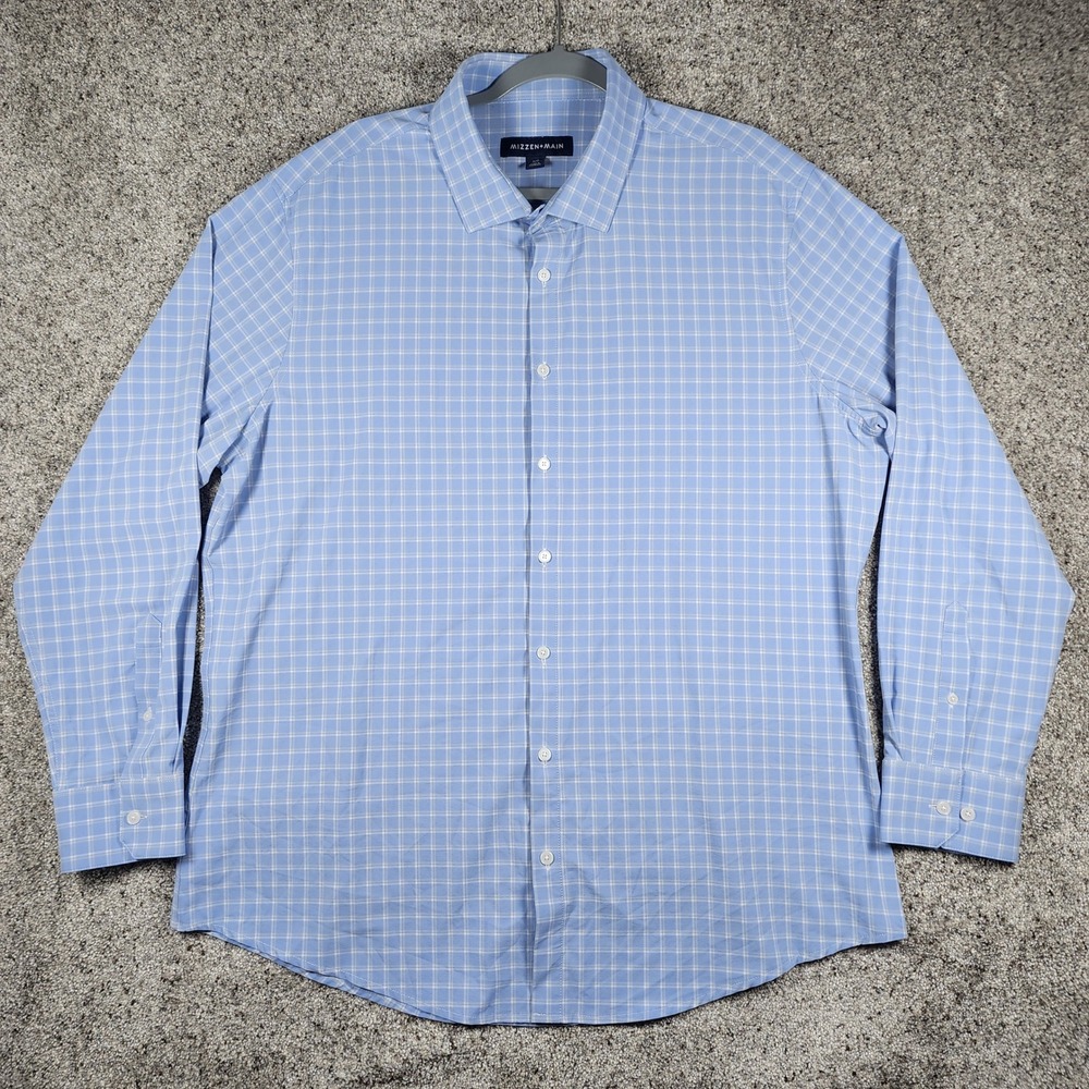 Mizzen+Main Dress Shirt Mens XXL Trim Blue Grid Performance Stretch Excellent